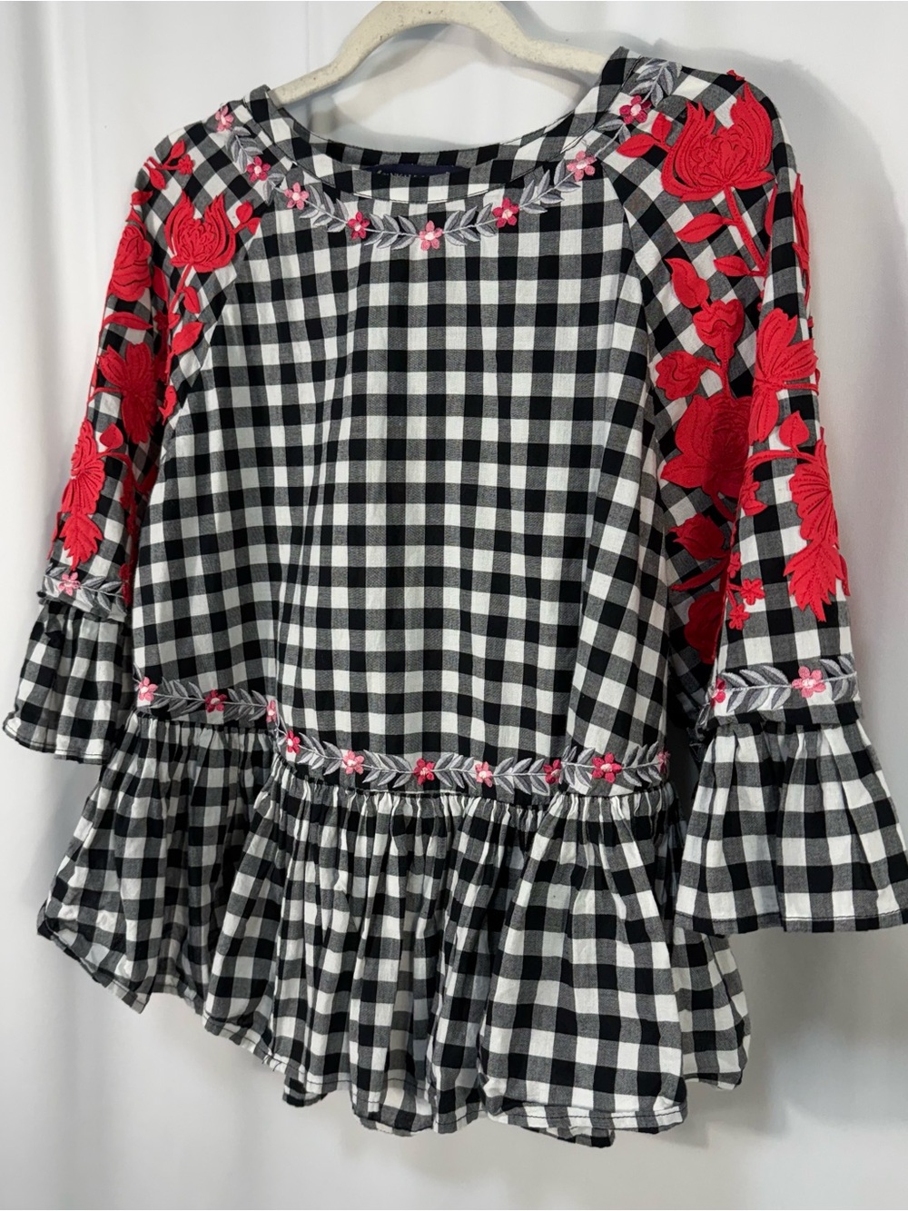 Black & White Gingham Peplum Blouse with Red Floral Embroidery
